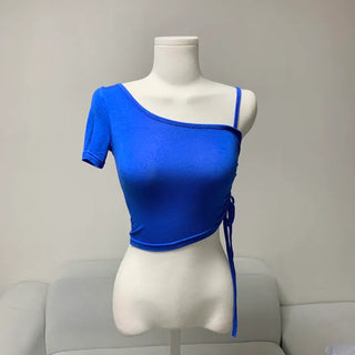 1029 . Semi-off shoulder single strap shirring crop