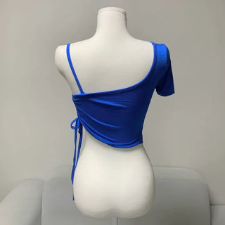 1029 . Semi-off shoulder single strap shirring crop