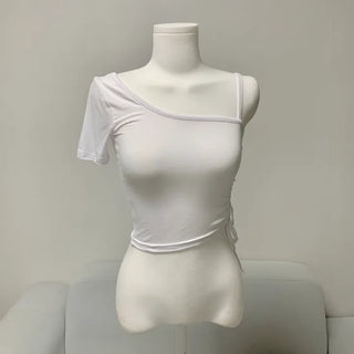1029 . Semi-off shoulder single strap shirring crop