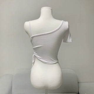 1029 . Semi-off shoulder single strap shirring crop