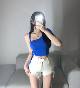 1029 . Semi-off shoulder single strap shirring crop
