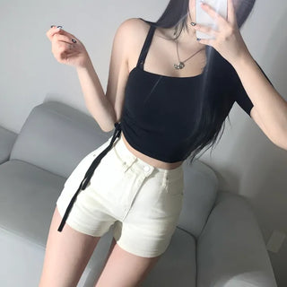 1029 . Semi-off shoulder single strap shirring crop