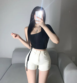 1029 . Semi-off shoulder single strap shirring crop