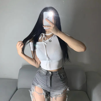 Semi-off Ribbon Asymmetrical Crop Tee Short Sleeve T-shirt