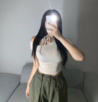 Semi-off Ribbon Asymmetrical Crop Tee Short Sleeve T-shirt