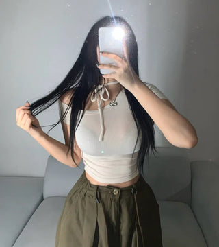Semi-off Ribbon Asymmetrical Crop Tee Short Sleeve T-shirt