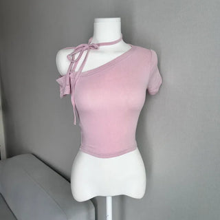 Semi-off Ribbon Asymmetrical Crop Tee Short Sleeve T-shirt