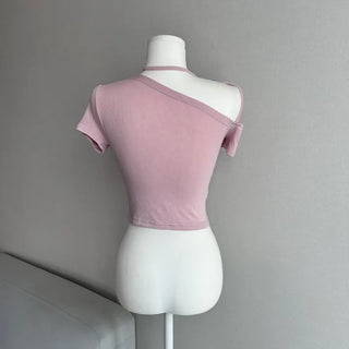 Semi-off Ribbon Asymmetrical Crop Tee Short Sleeve T-shirt