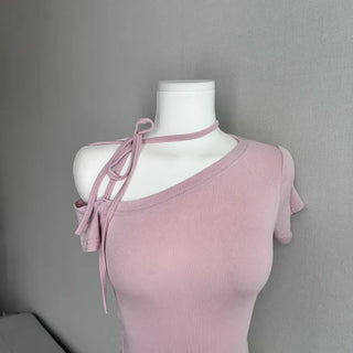 Semi-off Ribbon Asymmetrical Crop Tee Short Sleeve T-shirt