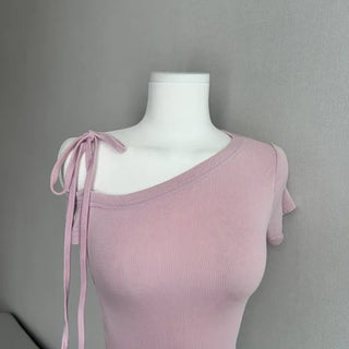 Semi-off Ribbon Asymmetrical Crop Tee Short Sleeve T-shirt