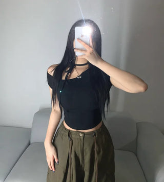 Semi-off Ribbon Asymmetrical Crop Tee Short Sleeve T-shirt