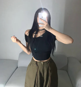 Semi-off Ribbon Asymmetrical Crop Tee Short Sleeve T-shirt