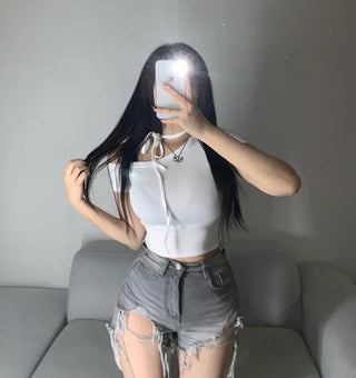 Semi-off Ribbon Asymmetrical Crop Tee Short Sleeve T-shirt