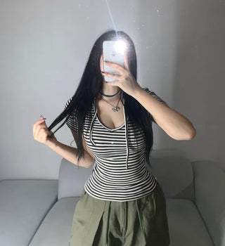Striped V-neck Muffler Set Short Sleeve T-shirt Slim