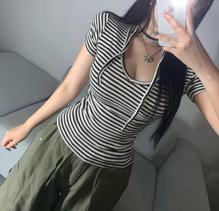 Striped V-neck Muffler Set Short Sleeve T-shirt Slim