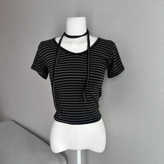 Striped V-neck Muffler Set Short Sleeve T-shirt Slim