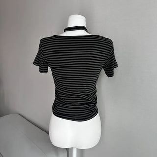 Striped V-neck Muffler Set Short Sleeve T-shirt Slim