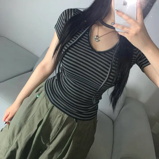 Striped V-neck Muffler Set Short Sleeve T-shirt Slim