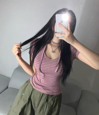 Striped V-neck Muffler Set Short Sleeve T-shirt Slim