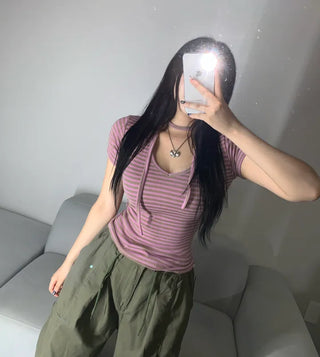 Striped V-neck Muffler Set Short Sleeve T-shirt Slim