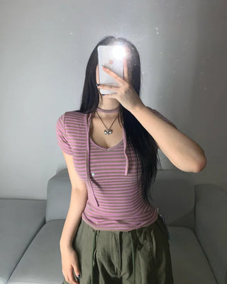 Striped V-neck Muffler Set Short Sleeve T-shirt Slim