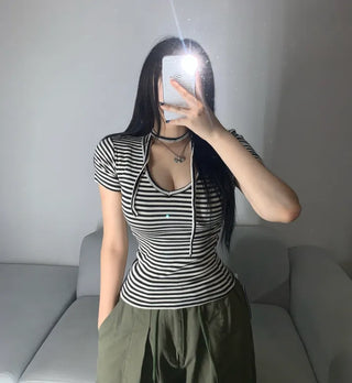 Striped V-neck Muffler Set Short Sleeve T-shirt Slim