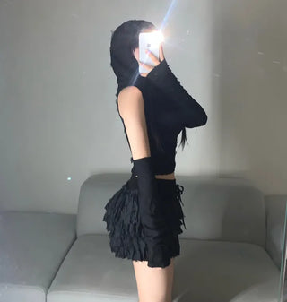 Vintage Sleeveless Hooded Warmer Set Hand Hoodie Crop