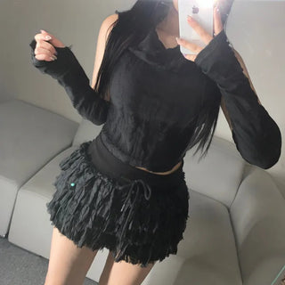 Vintage Sleeveless Hooded Warmer Set Hand Hoodie Crop