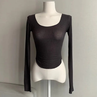Delicate See-through U-neck Long Sleeve Rolled Tee Sexy