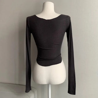 Delicate See-through U-neck Long Sleeve Rolled Tee Sexy