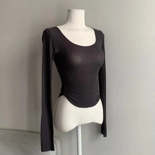 Delicate See-through U-neck Long Sleeve Rolled Tee Sexy