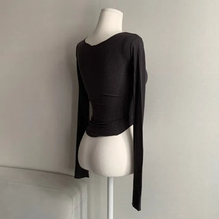 Delicate See-through U-neck Long Sleeve Rolled Tee Sexy