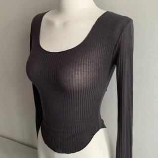 Delicate See-through U-neck Long Sleeve Rolled Tee Sexy