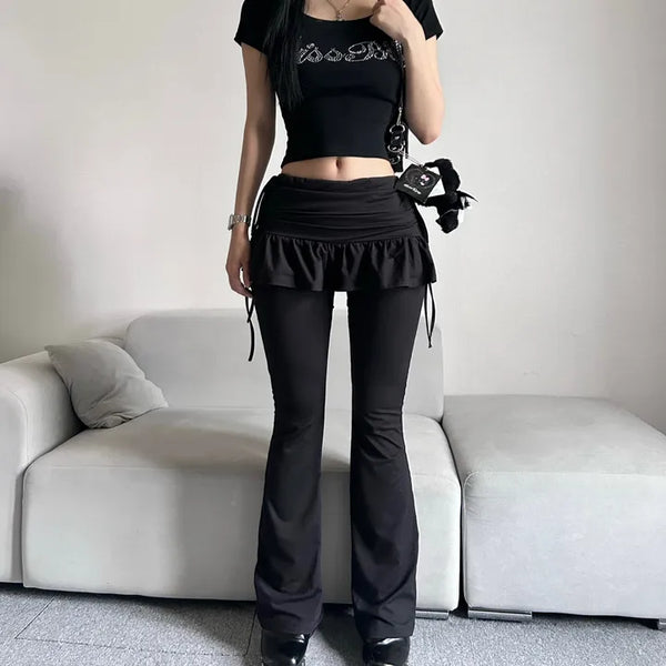 Shirred bootcut skirt-pants leggings frill pants long y2k