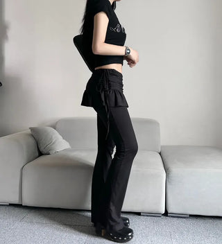 Shirred bootcut skirt-pants leggings frill pants long y2k