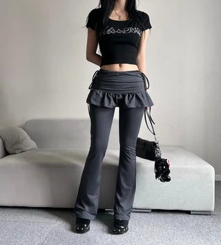 Shirred bootcut skirt-pants leggings frill pants long y2k