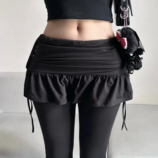 Shirred bootcut skirt-pants leggings frill pants long y2k