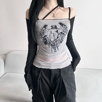 See-through Off-shoulder Long Sleeve T-shirt with Print over