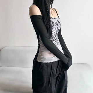 See-through Off-shoulder Long Sleeve T-shirt with Print over