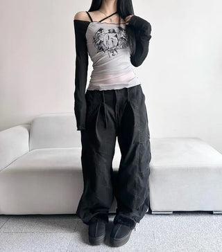See-through Off-shoulder Long Sleeve T-shirt with Print over