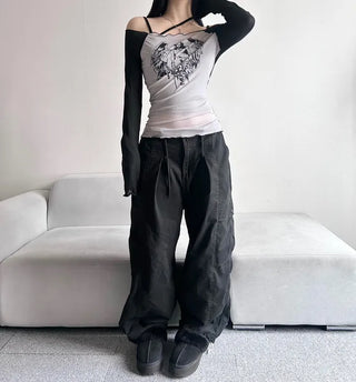 See-through Off-shoulder Long Sleeve T-shirt with Print over