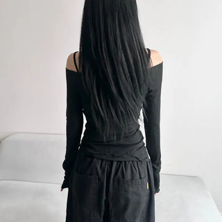 See-through Off-shoulder Long Sleeve T-shirt with Print over
