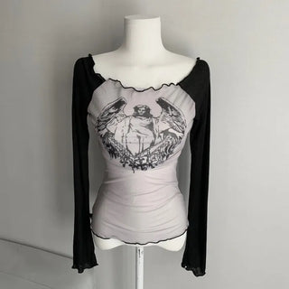 See-through Off-shoulder Long Sleeve T-shirt with Print over