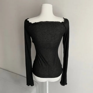 See-through Off-shoulder Long Sleeve T-shirt with Print over