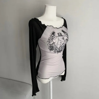 See-through Off-shoulder Long Sleeve T-shirt with Print over