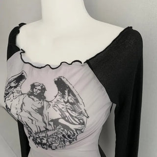 See-through Off-shoulder Long Sleeve T-shirt with Print over