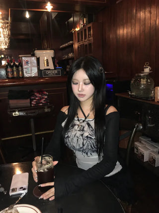 See-through Off-shoulder Long Sleeve T-shirt with Print over