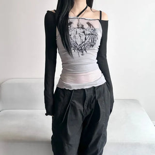 See-through Off-shoulder Long Sleeve T-shirt with Print over