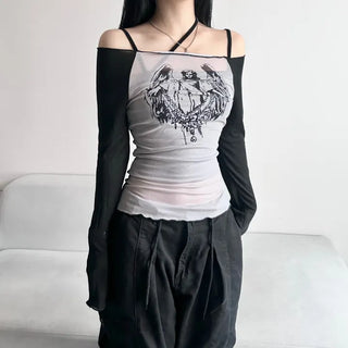See-through Off-shoulder Long Sleeve T-shirt with Print over