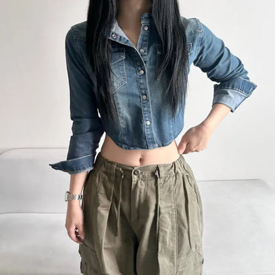 Slim Washed Pocket Denim Shirt Long Sleeve Blue